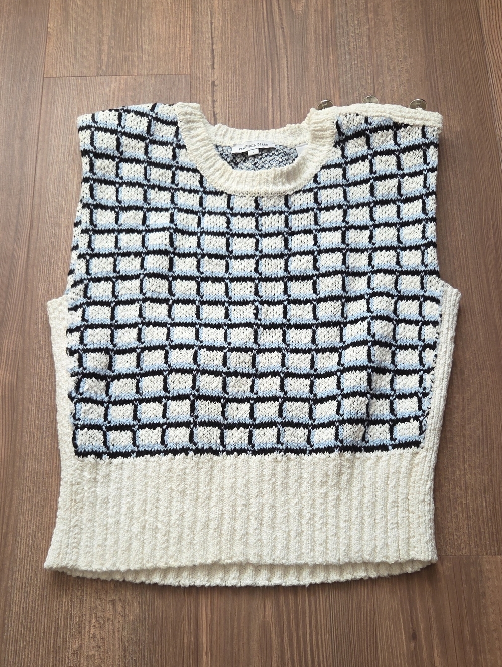 Veronica Beard Cream and Black Check Knit Sleeveless Sweater Vest